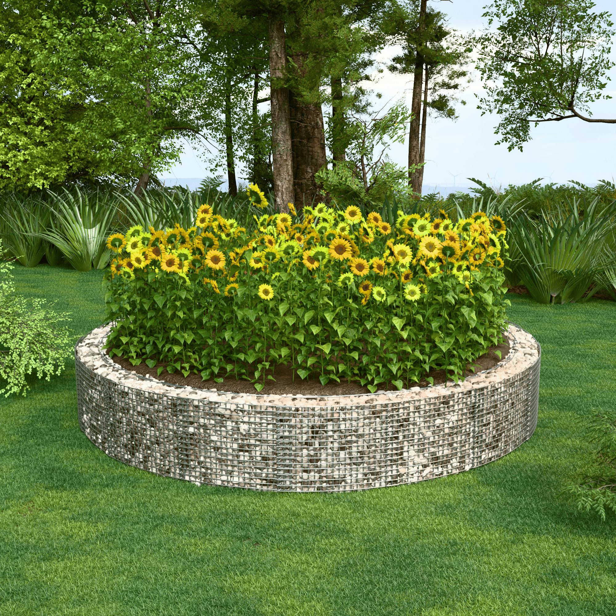 Lit surélevé rond, diamètre extérieur 502 cm, hauteur 50 cm, mailles 5 x 5 cm, épaisseur des parois 15 cm