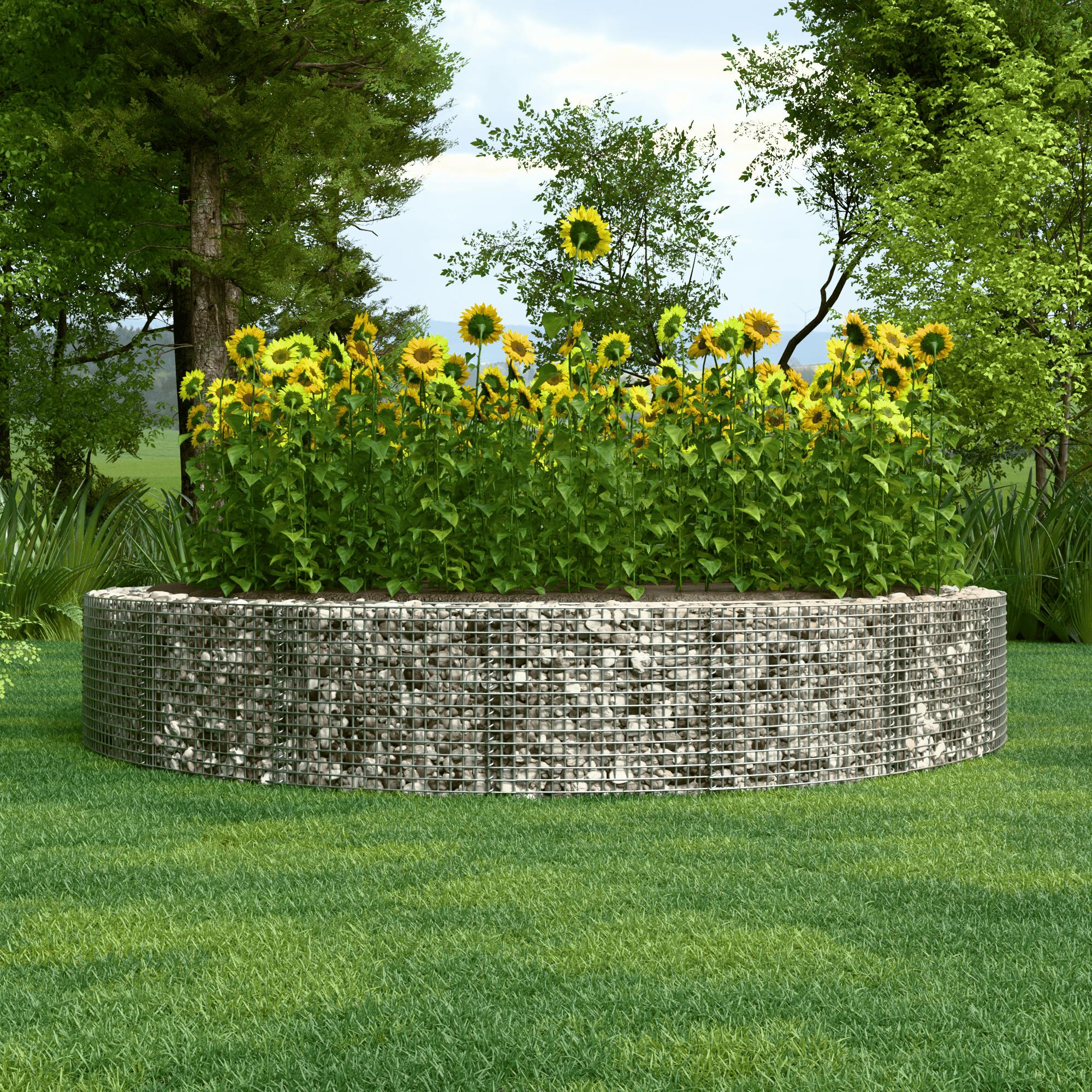 Lit surélevé rond, diamètre extérieur 502 cm, hauteur 50 cm, mailles 5 x 5 cm, épaisseur des parois 15 cm
