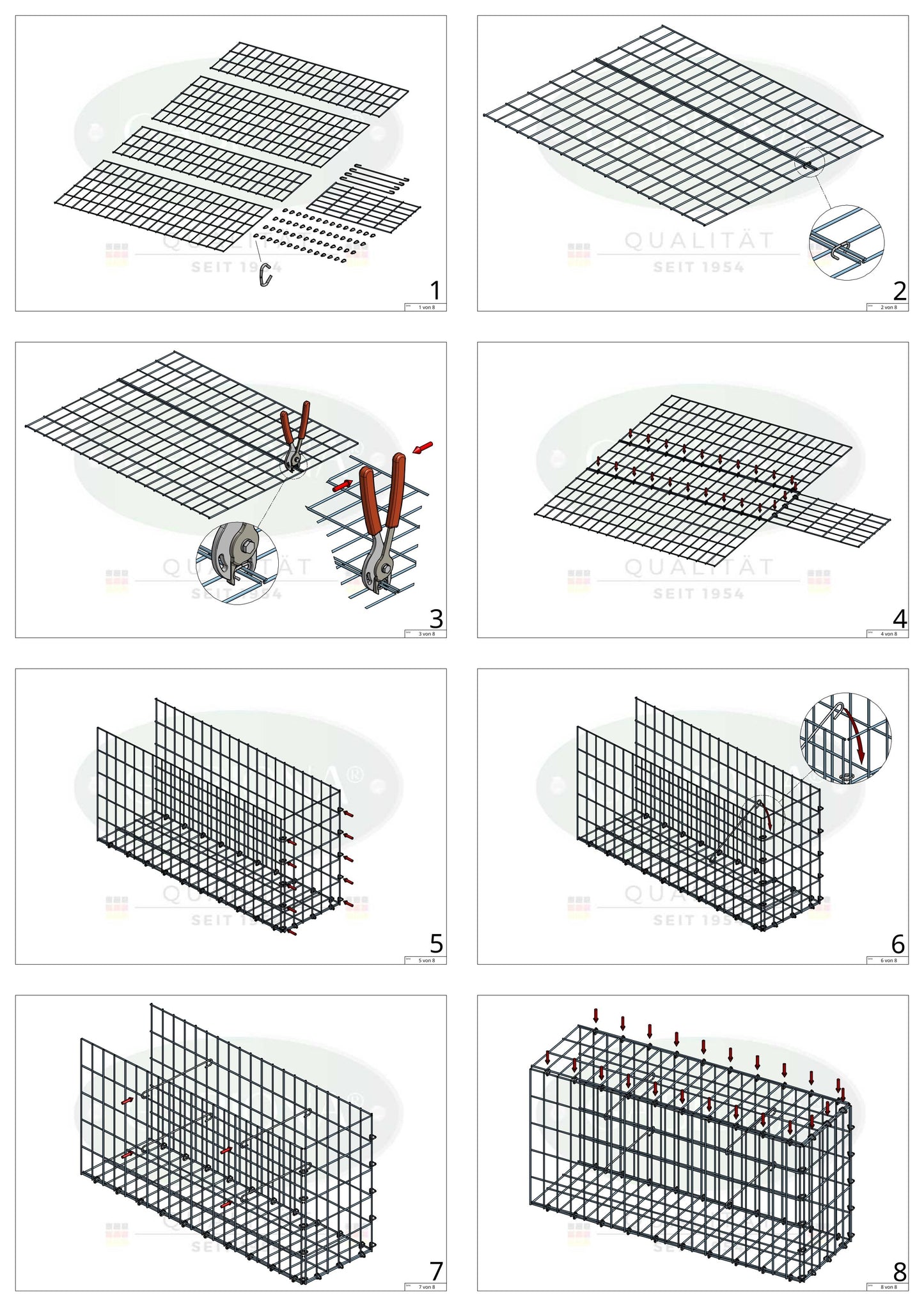 Monteret gabion type 2 100 cm x 40 cm x 30 cm, maskestørrelse 5 cm x 10 cm, C-ring