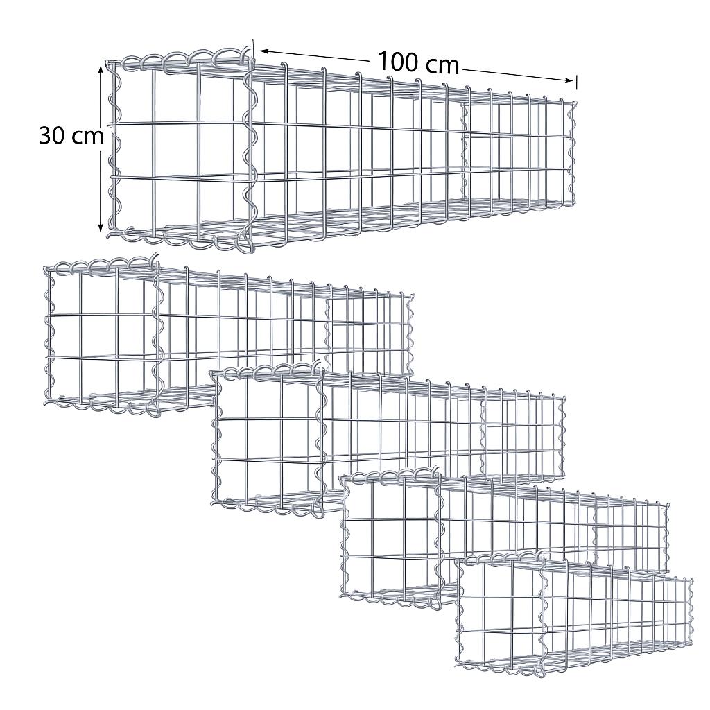Set van 5 schanskorven 100 x 30 x 30 cm (L x H x D), maaswijdte 10 x 10 cm, spiraalsluiting, draaddikte 4,5 mm