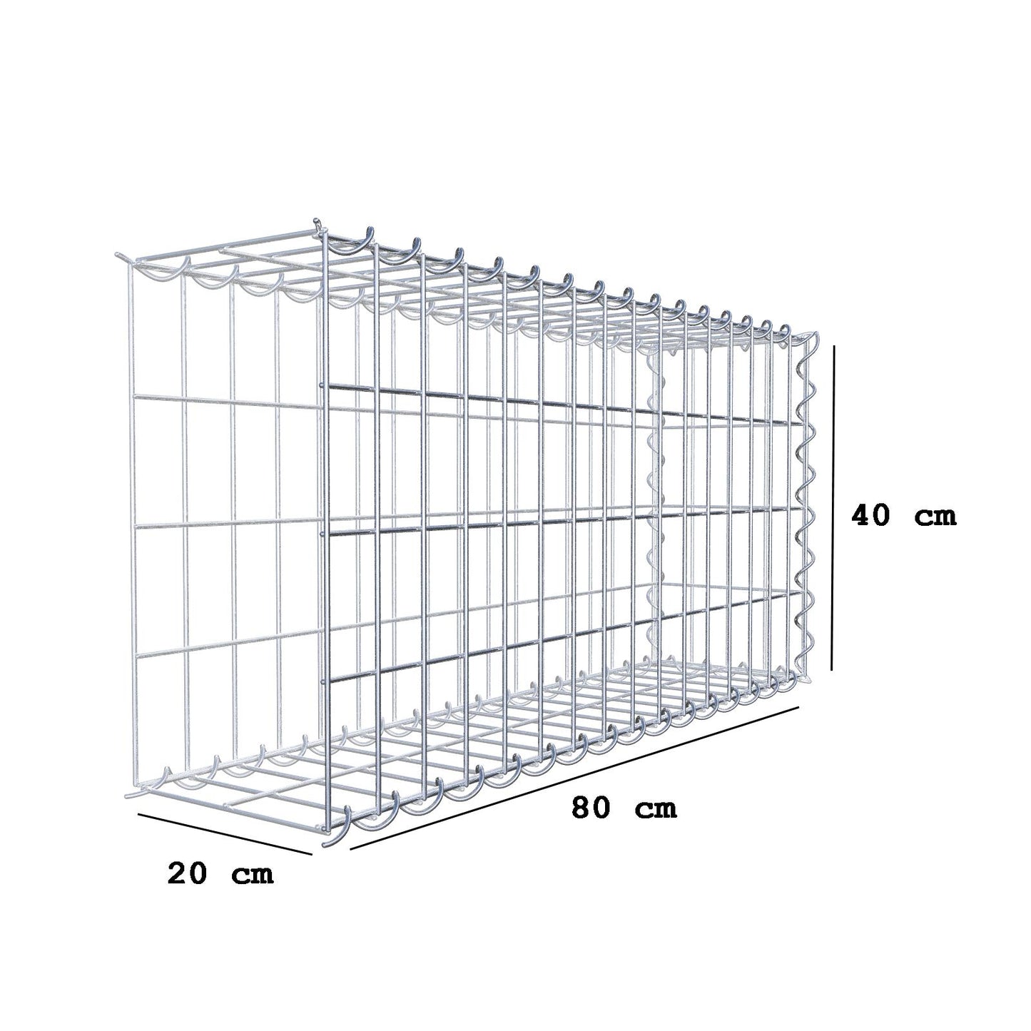 Monteret gabion type 2 80 cm x 40 cm x 20 cm (L x H x D), maskestørrelse 5 cm x 10 cm, spiral
