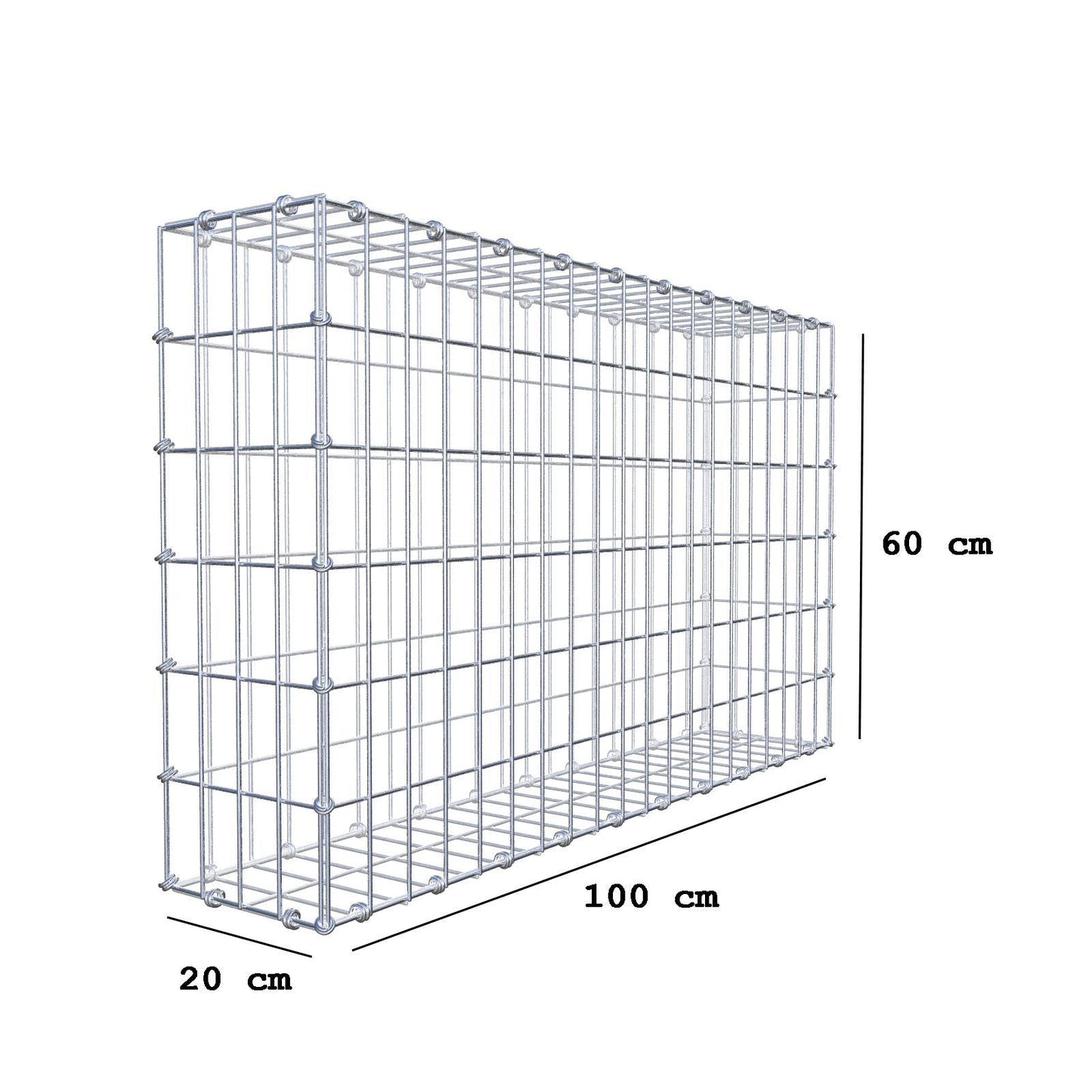 Gabion 100 cm x 60 cm x 20 cm (L x H x D), maskestørrelse 5 x 10 cm, spiralring