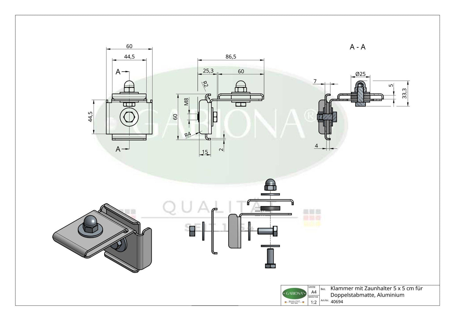 Klemme med hegnsholder 5 x 5 cm til dobbelt stangmåtte, aluminium 