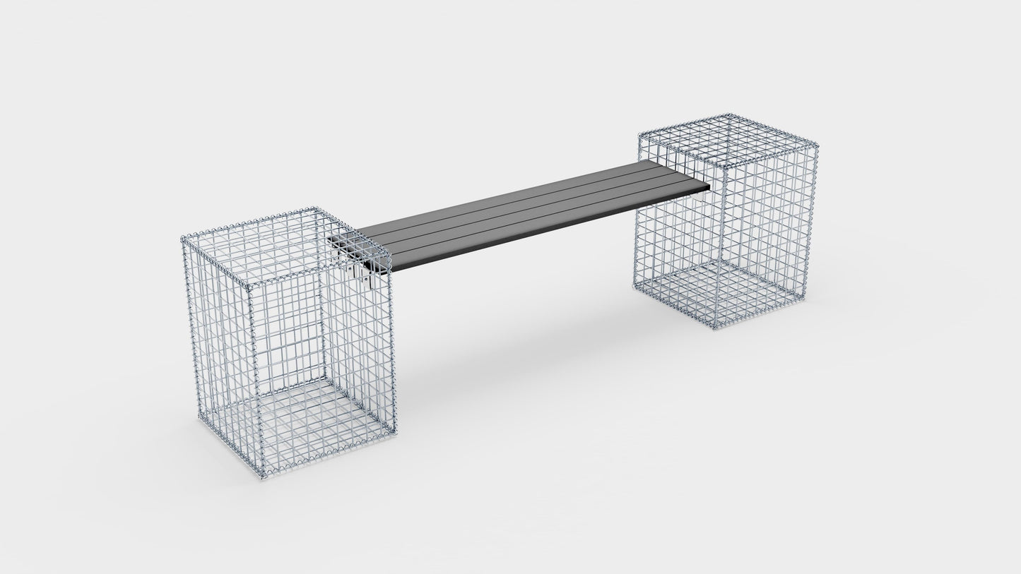 Schanskorfbank met 2 spiraalvormige schanskorven, 205 cm lang x 60 cm hoog x 40 cm diep, gegalvaniseerd, MW 5 x 5 cm, met gerecycled bovenblad in antraciet