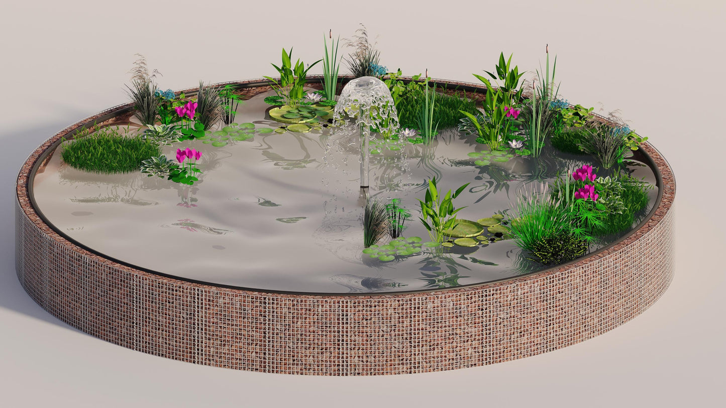 Schanskorven verhoogde vijver, rond, buitendiameter 322 cm, hoogte 80 cm, maaswijdte 5 x 5 cm, wanddikte 15 cm