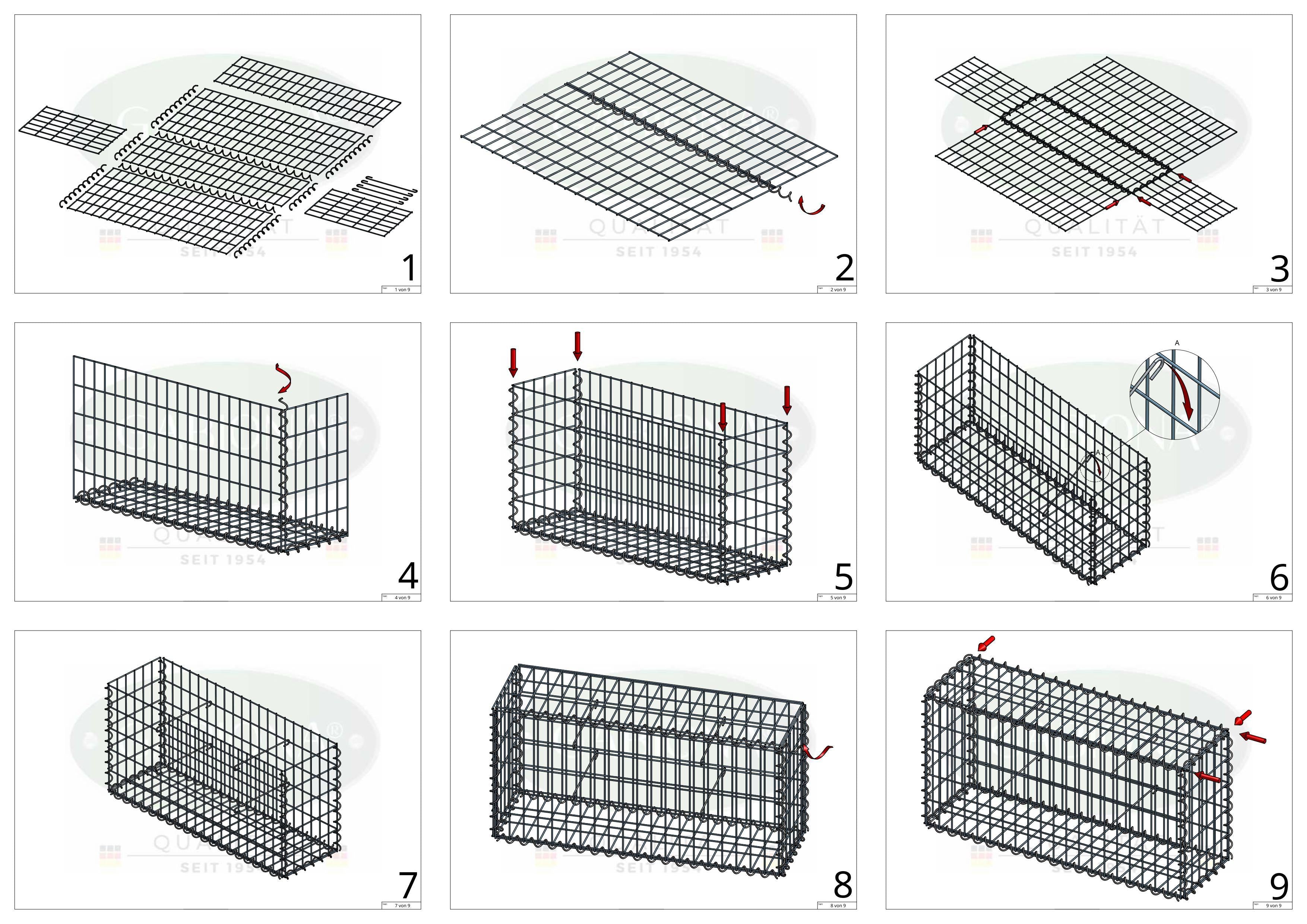 Schanskorf 100 cm x 30 cm x 40 cm (L x H x D), maaswijdte 5 cm x 10 cm, spiraalvormig