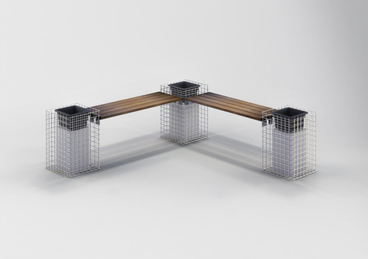 Banco de gaviones con 3 columnas de flores - Madera de cumarú, 205 cm de largo x 60 cm de alto x 37 cm de profundidad, galvanizado en caliente, MW 5 x 5 cm