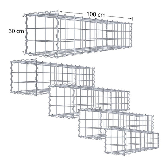 Set med 5 gabioner 100 x 30 x 30 cm (L x H x D), maskstorlek 10 x 10 cm, spiralförslutning, trådtjocklek 4,5 mm