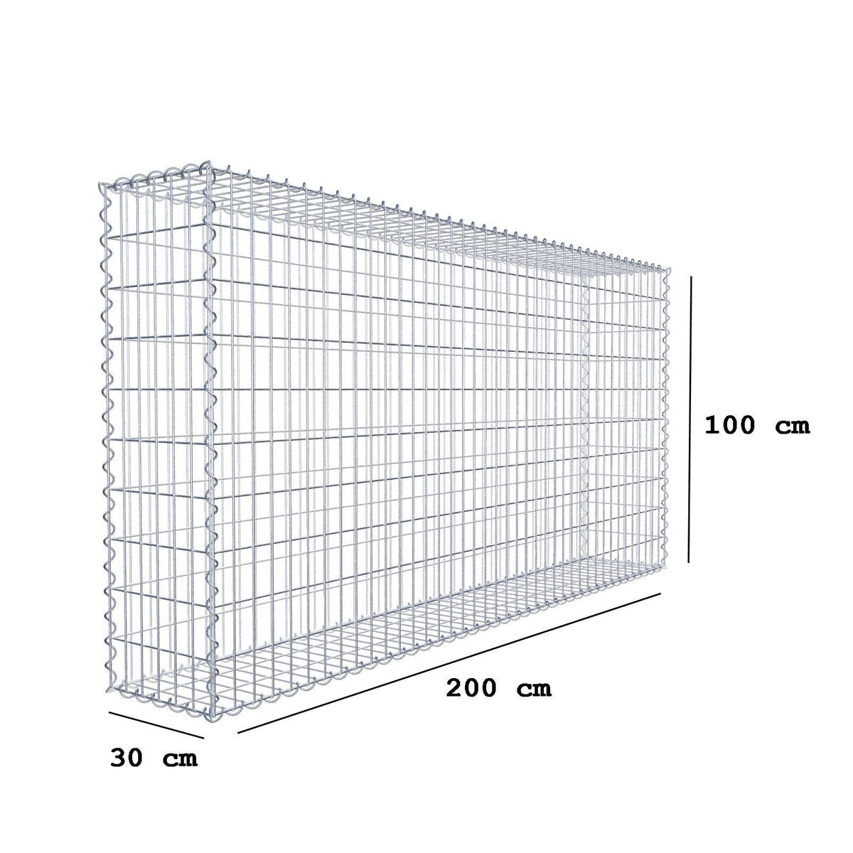 Gabion 200 cm x 100 cm x 30 cm (L x H x D), maskestørrelse 5 cm x 10 cm, spiral