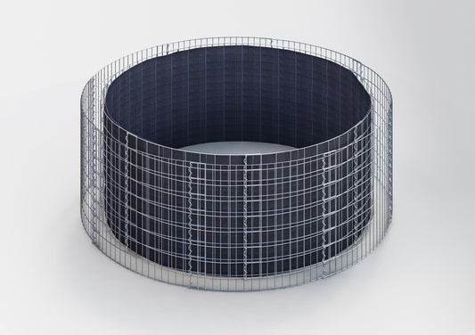 Lit surélevé rond, diamètre extérieur 232 cm, hauteur 80 cm, mailles 5 x 10 cm, épaisseur des parois 15 cm