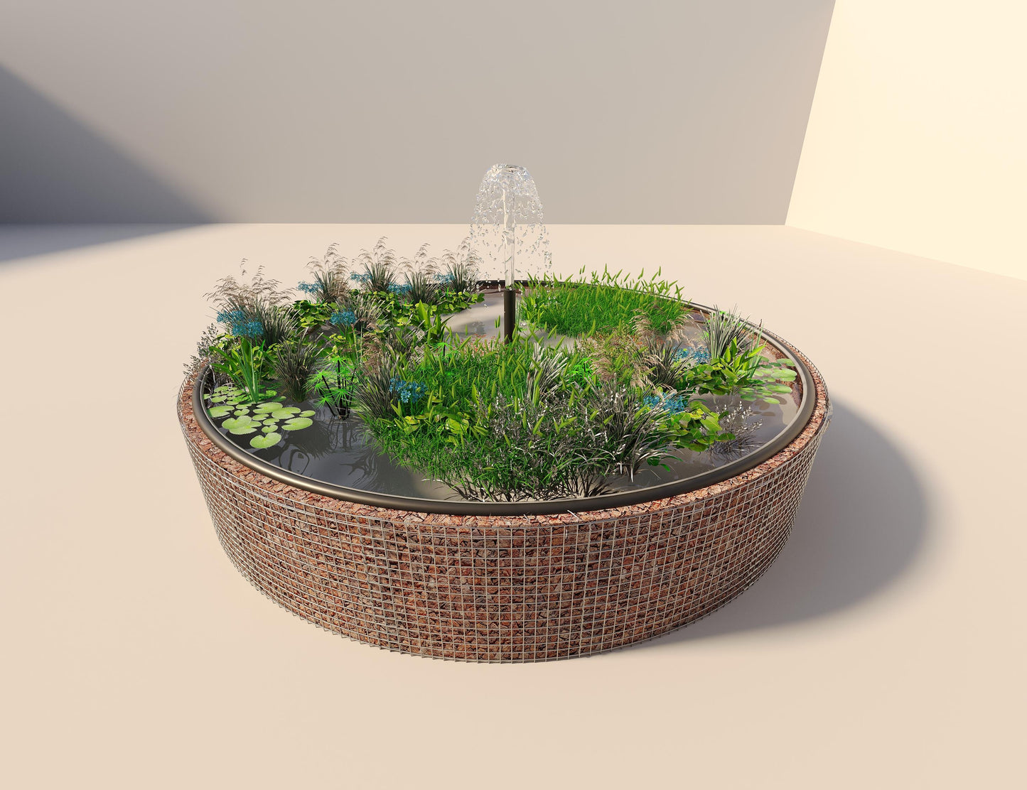 Laghetto rialzato in gabbioni, rotondo, diametro esterno 442 cm, altezza 80 cm, maglia 5 x 5 cm, spessore parete 15 cm