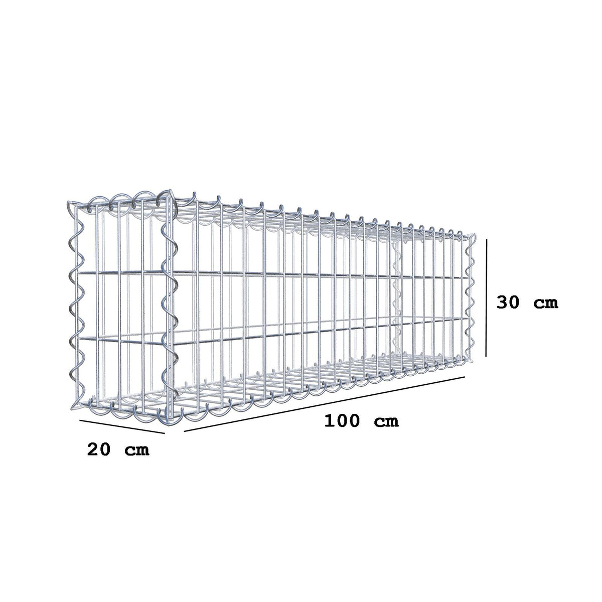 Gabion 100 cm x 30 cm x 20 cm (L x H x D), maskestørrelse 5 cm x 10 cm, spiral