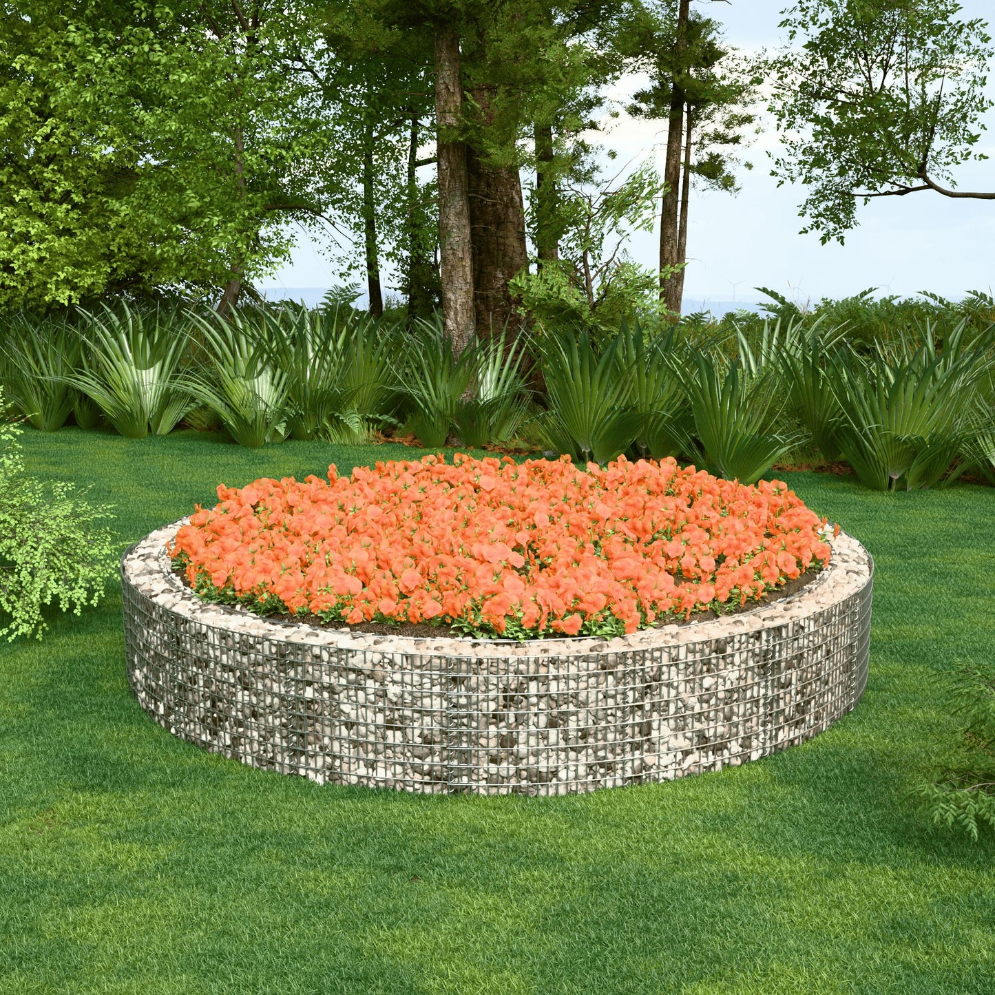 Lit surélevé rond, diamètre extérieur 502 cm, hauteur 50 cm, mailles 5 x 10 cm, épaisseur des parois 15 cm