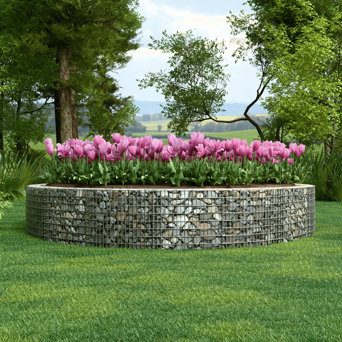Lit surélevé rond, diamètre extérieur 502 cm, hauteur 50 cm, mailles 5 x 10 cm, épaisseur des parois 15 cm
