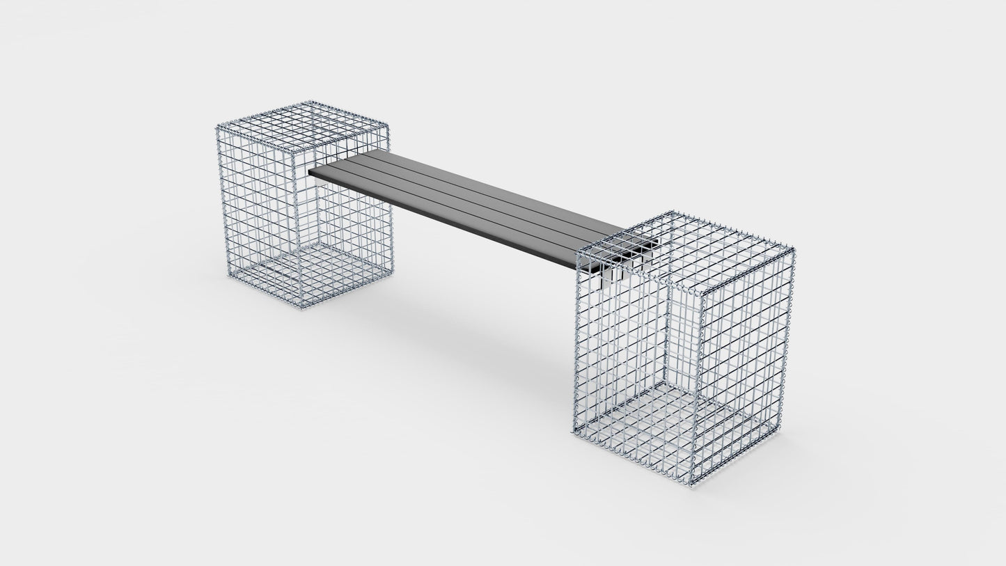 Gabion bench with 2 spiral gabions, 205 cm long x 60 cm high x 40 cm deep, galvanized, MW 5 x 5 cm, with recycled top in anthracite