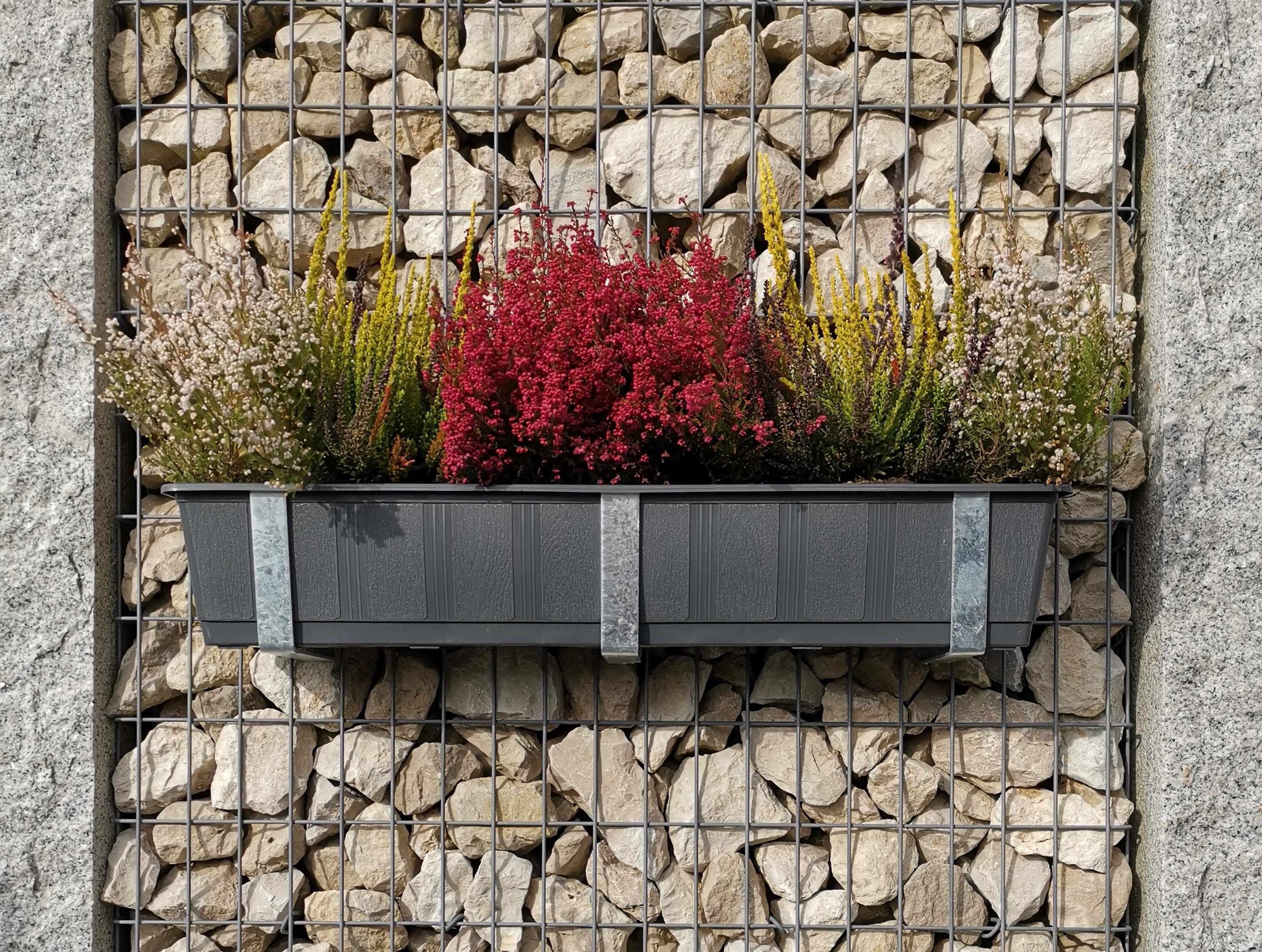 Support pour caissettes à fleurs galvanisé en set de 3 avec pot de fleurs, pour gabions MW 5 x 10